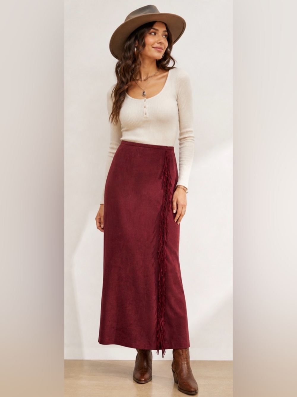 Norton McNaughton Western Burgundy Fringe-Trim Maxi Skirt Faux Suede Size 10